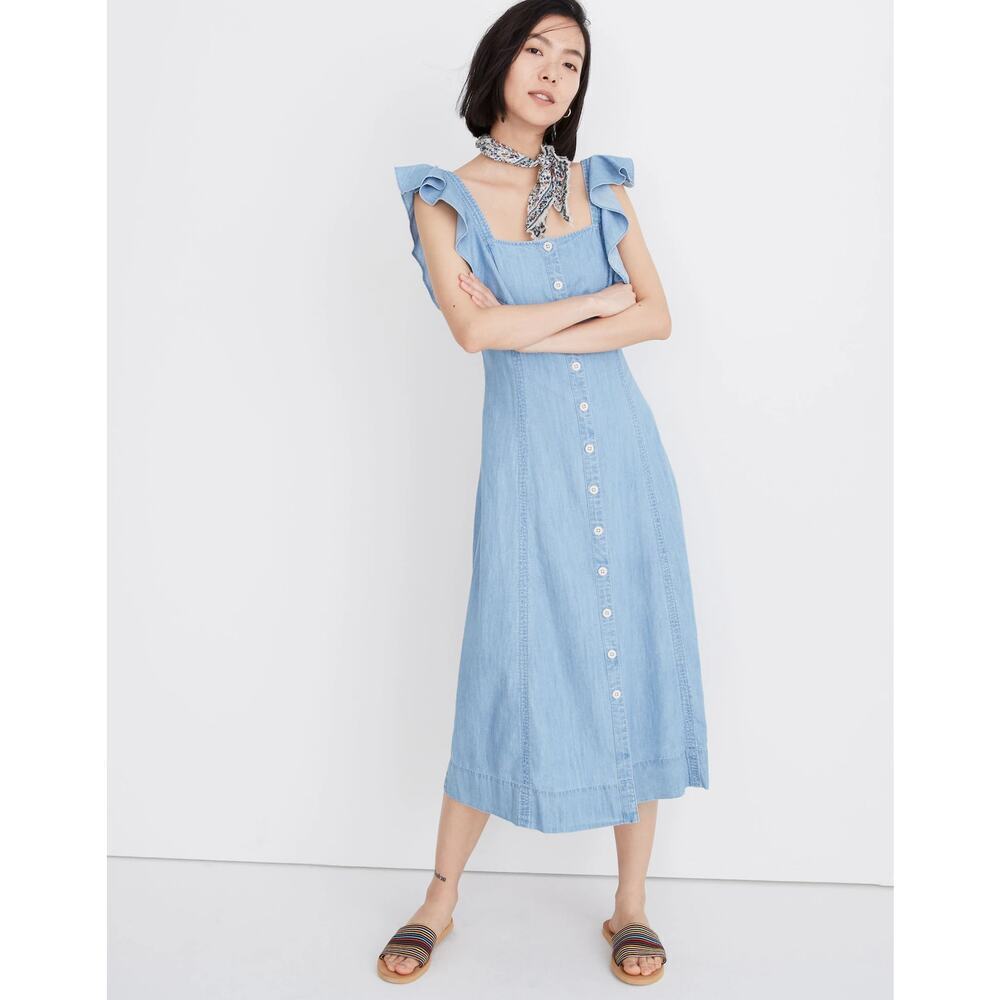 MADEWELL Denim Princess Seamed Maxi Dress Mayview Light Wash Size 2 Coastal